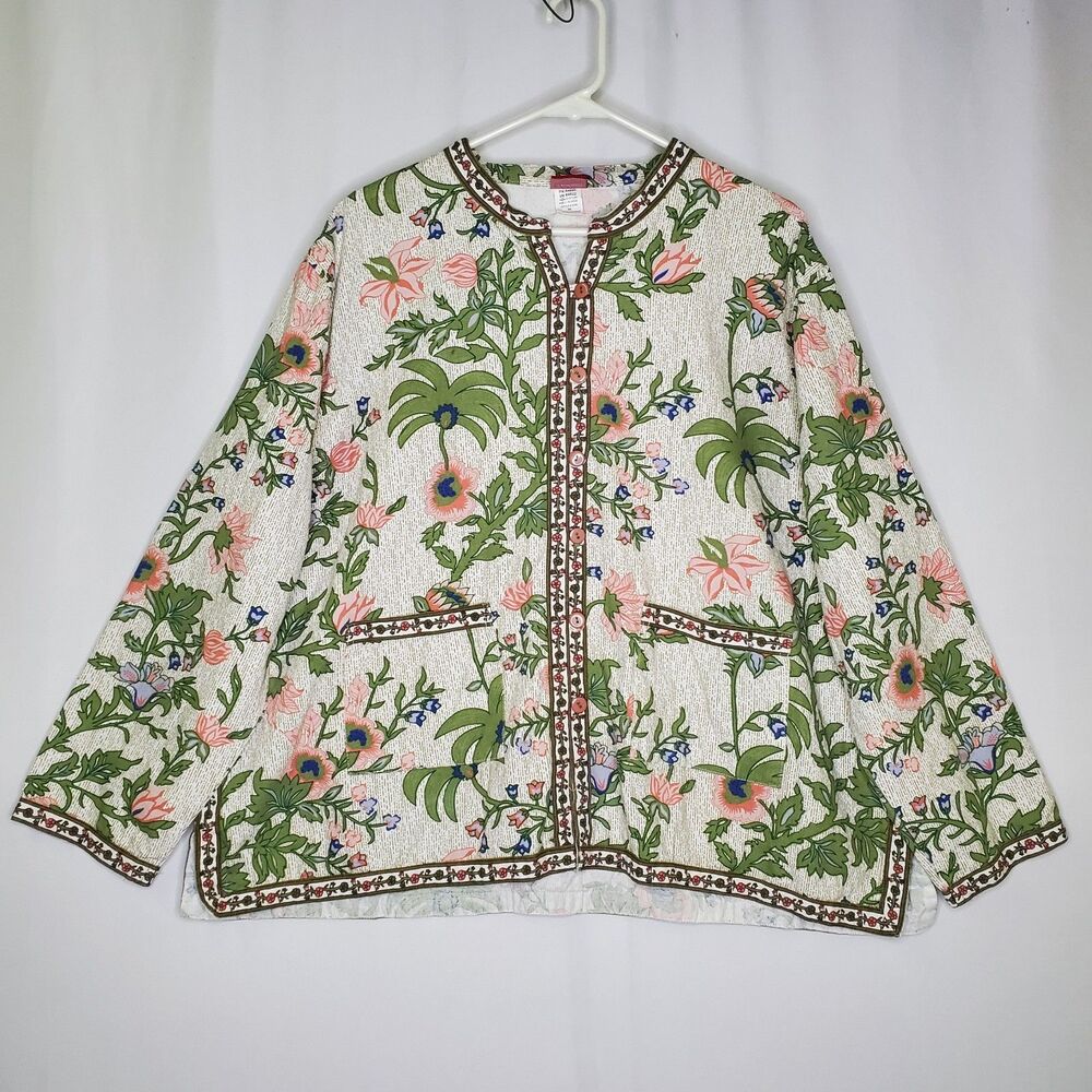 Tudor Court Haband Jacket Women 3X Floral Button Pocket Shabby Chic Cottagecore